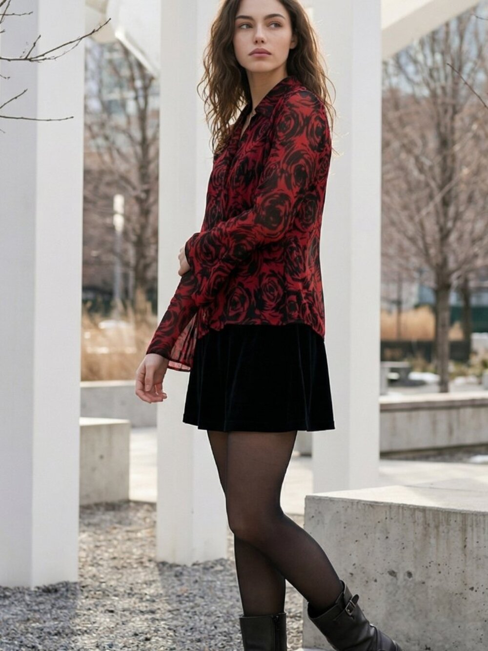 Fashion Bug Women's XL Vintage Blouse Red & Black Roses Romantic Gothic